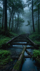 Scenic foggy river with green grass and trees in the forest creating a tranquil natural landscape