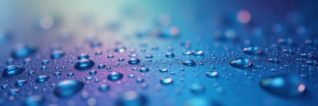 Macro closeup shot of water droplets, with reflections of light on a blue and purple surface, abstract soft background for nature, science, or technology related concepts or events.