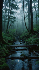 Fototapeta premium Scenic forest view with misty fog drifting over the river and lush grass covering the natural landscape