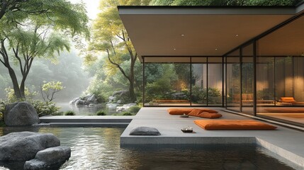 Modern house, serene pool, lush garden.