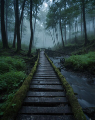 Obraz premium Serene nature photo featuring fog over the river with green grass and misty forest creating a peaceful atmosphere