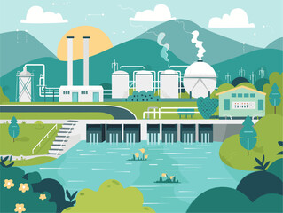 Renewable Energy Source: State-of-the-Art Wastewater Treatment Plant in Animated Illustration