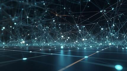Obraz premium Abstract digital network connection. Glowing lines and nodes form a complex web, representing data flow and connectivity.