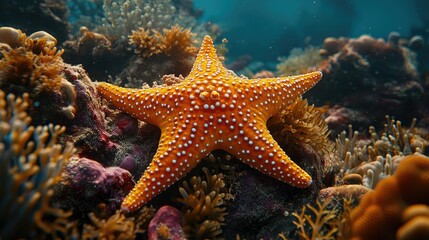 Orange starfish on vibrant coral reef underwater.