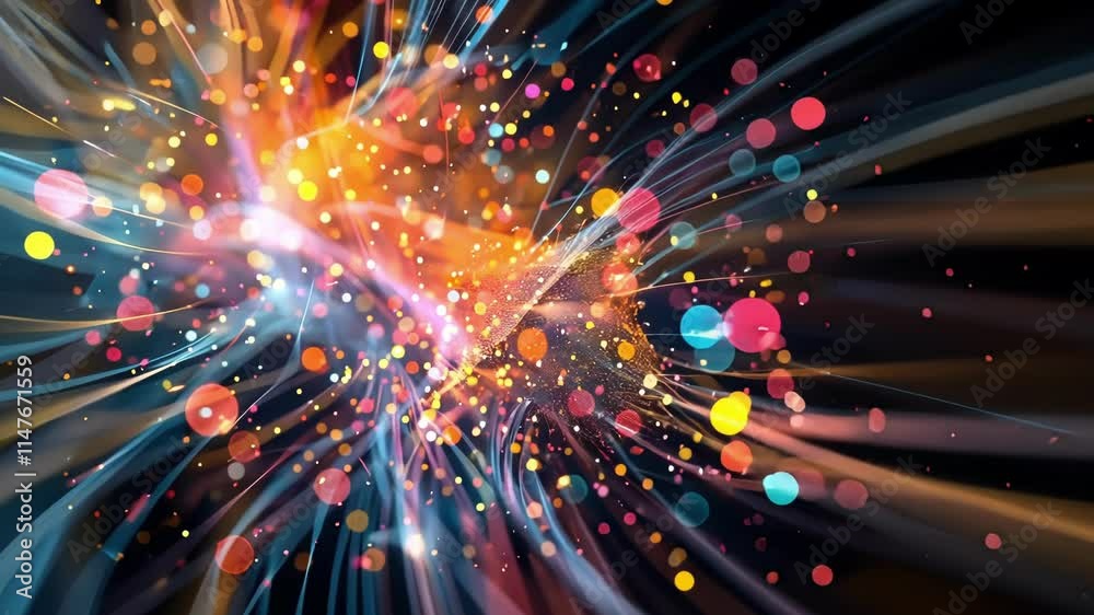 Poster big data flowing through cyberspace as colorful lights streak across a dark background, creating a d