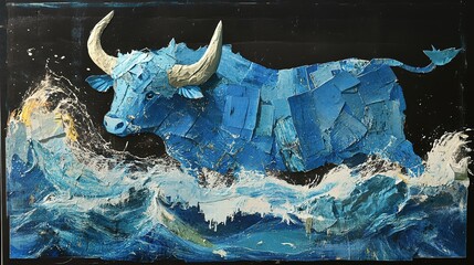 A creative collage featuring sea oxen made from torn blue cardboard, with dynamic waves below. The striking design is set against a bold black background, blending abstract art and oceanic themes