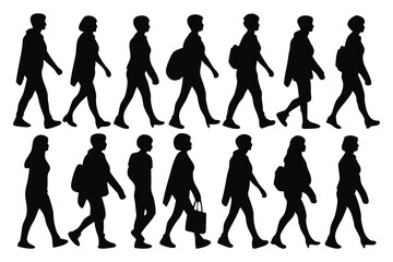  Side view of walking people silhouettes set isolated flat vector illustration on white background