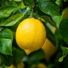 Lemon hanging on tree, vibrant yellow color and lush green leaves, citrus fruit and organic harvest