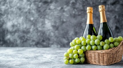 Obraz premium Two bottles of champagne with gold foil tops stand behind a wicker basket filled with fresh green grapes on a textured grey surface.