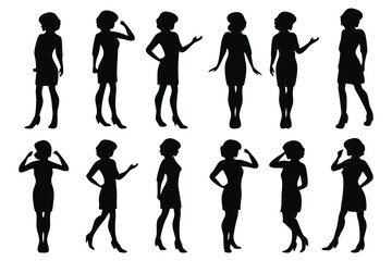 standing people female full body front view with body gesture silhouettes set isolated flat vector illustration on white background