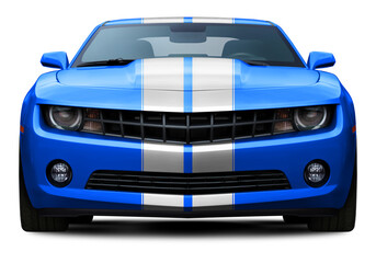 Powerful American blue muscle car front view. With white stripes in the center. Isolated on a transparent background in PNG format.