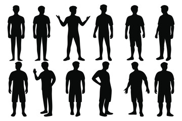 Standing people male full body front view with body gesture silhouettes set isolated flat vector illustration on white background