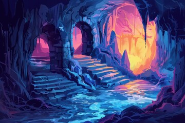 Fototapeta premium A Mystical Cave Entrance with a Glowing Path and Water