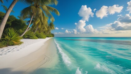 Fototapeta premium Beautiful tropical beach banner. White sandy coast coconut palm trees travel tourism wide panoramic island