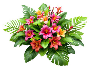 Lush green tropical plants bush (monstera, palm,Lush green tropical plants bush, cut out,Green leaf on white background,Lush green tropical plants