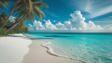 Fototapeta premium Amazing nature beach with palm trees and moody sky. Summer vacation travel holiday background.