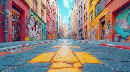 Fototapeta premium Graffiti-covered street, colorful buildings, cobblestone road.