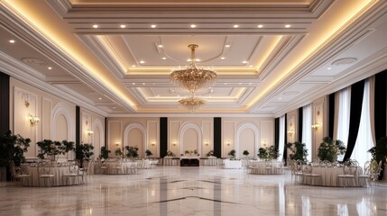 Elegant ballroom interior design with chandelier, tables, and marble floor.