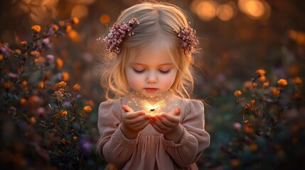 Little girl holding glowing light, surrounded by flowers at sunset.