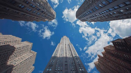 Low angle view of skyscrapers against a bright blue sky with clouds.