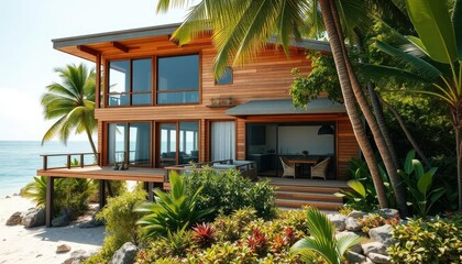 Fototapeta premium A wooden house with large windows and a terrace on the beach, surrounded by lush greenery