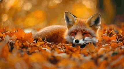 Fototapeta premium Red fox sleeping peacefully amidst autumn leaves.