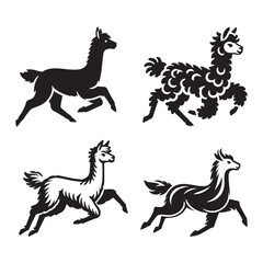 Fototapeta premium 4 Set of Black Running Alpaca Silhouettes Isolated on White Background