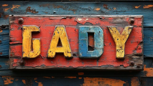 Gady nameplate, weathered wood, colorful paint.