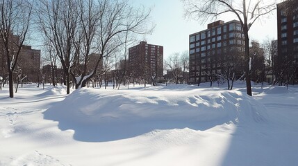A delicate small snowdrift gently resting on the ground, shaped by the wind in a soft, flowing curve. The snow appears pristine and untouched, creating a peaceful, serene atmosphere in the winter land