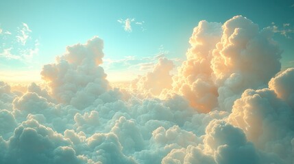 Golden light illuminates fluffy cloudscape.