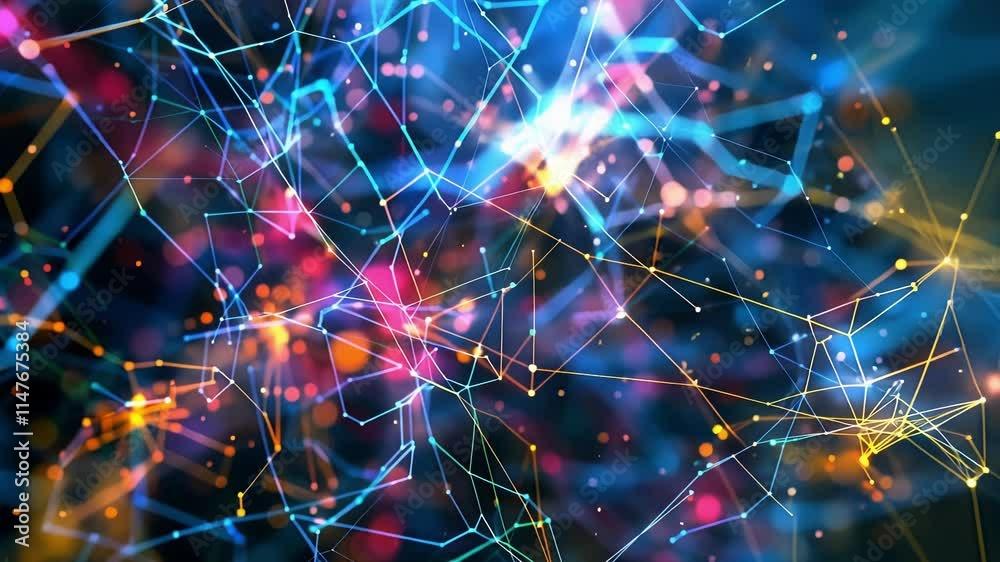 Poster colorful lines and vibrant dots intertwining to create a complex network, illustrating big data conn