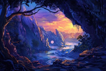 Fototapeta premium A Dreamlike View Through a Cave Opening with a River and a Distant Sunset