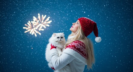 Girl holding a Cat celebration new years and Christmas, 2024 and 2025 holyday, ai generative