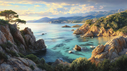 Breathtaking cliffs overlooking tranquil turquoise bay at sunset
