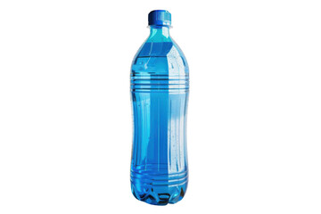 Blue Water Bottle Stands on Black Background. Refreshment and Hydration Concept.