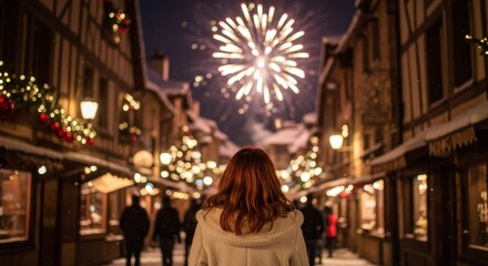Obraz premium Happy gorgeous girl in winter clothes celebrating New Years with fireworks, having fun at New Year's Eve Party, AI Generative