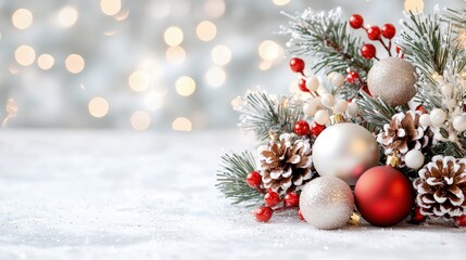 Fototapeta premium Festive Christmas decoration with pine cones, berries, and ornaments on snowy surface.
