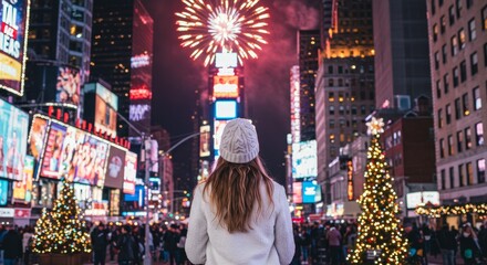 Obraz premium 2025 new years, Happy gorgeous girl in winter clothes celebrating New Years with fireworks, having fun at New Year's Eve Party, AI Generative