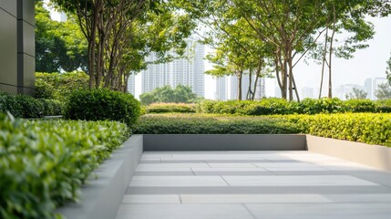 Fototapeta premium Minimalist modern garden with clean, stylish design. Featuring neutral tones and sleek landscaping