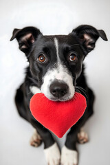 Dog portrait with red heart decoration for Valentine's day against white studio background