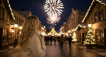 Happy gorgeous girl in winter clothes celebrating New Years with fireworks, having fun at New Year's Eve Party, AI Generative