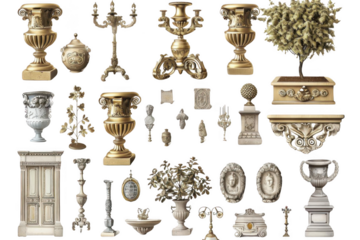 Elegant Home Decor Enhances Interior Design with Classic Style and Vintage Furniture. Explore Antique Accessories, Ornate Vases, and Decorative Plants.