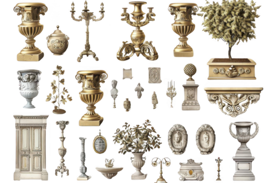Elegant Home Decor Enhances Interior Design with Classic Style and Vintage Furniture. Explore Antique Accessories, Ornate Vases, and Decorative Plants.