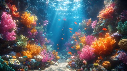 Fototapeta premium Vibrant coral reef, colorful fish, sunlit ocean.