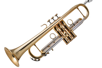 Obraz premium Shiny Brass Trumpet Stands Out Against Black Background, Jazz Music Instrument