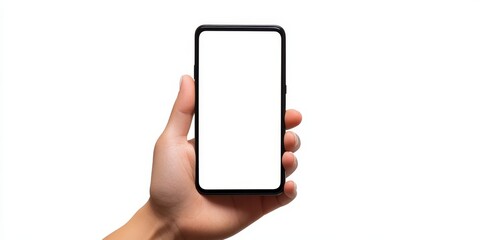 Clipping path of a hand holding a black smartphone featuring a mockup of a blank screen against an isolated white background. This clipping path showcases the smartphone effectively.