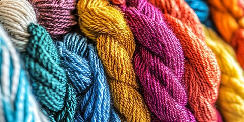 Close up view showcasing a variety of skeins in different sizes and colors, crafted from materials such as wool, cotton, acrylic, and synthetic. Explore these vibrant skeins for creative projects.