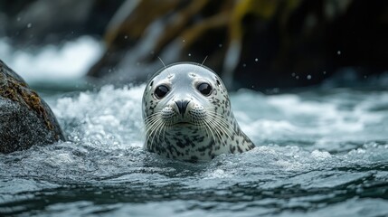 Obraz premium Spotted seal pup in ocean water, curious expression.