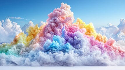 Fototapeta premium Vibrant multi-colored pastel clouds forming a mountain shape against a clear blue sky.