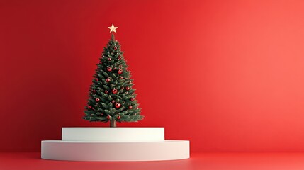 Decorated Christmas Tree On White Platform Against Red Background